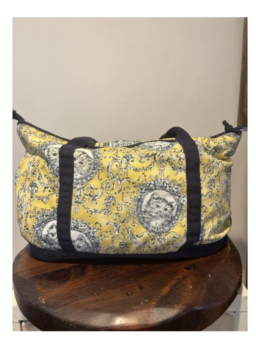 Victorian Cat Toile Tote Bag Yellow & Navy